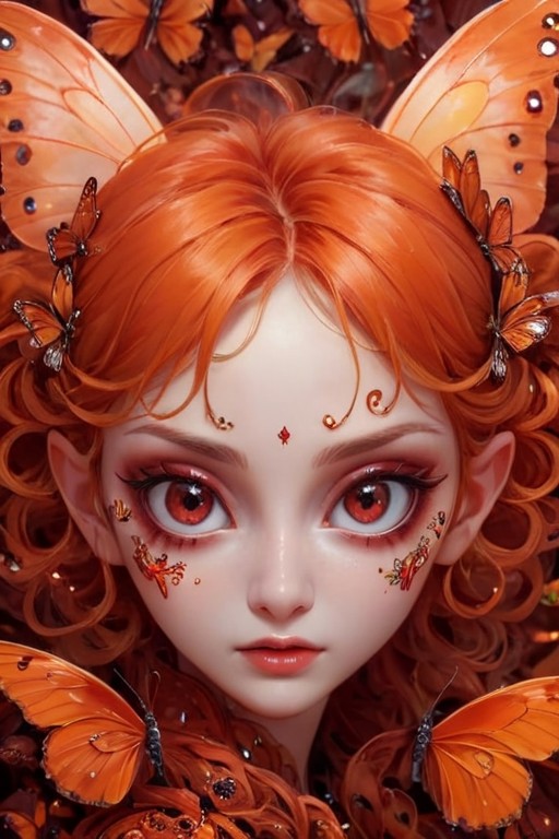 scrletroxl, butterflies, skin burns, scarlet rot, orange theme, red theme, photography of a cute fairy, big eyes, intricat...